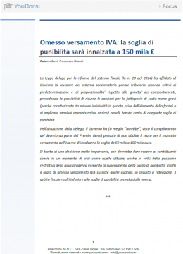 Omesso versamento Iva: la soglia di punibilità sarà innalzata  a 150.000 €